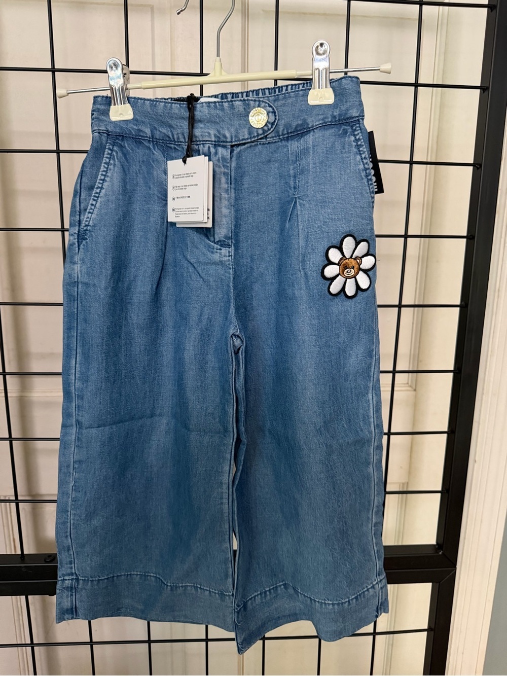 Moschino Blue Denim Kids Wide-Leg Pants with Daisy Patch